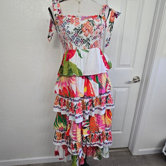 Farm Rio Tropical Floral Tiered Midi Dress Sz S Smocked Ruffle Boho QuietLuxury - Picture 3 of 9